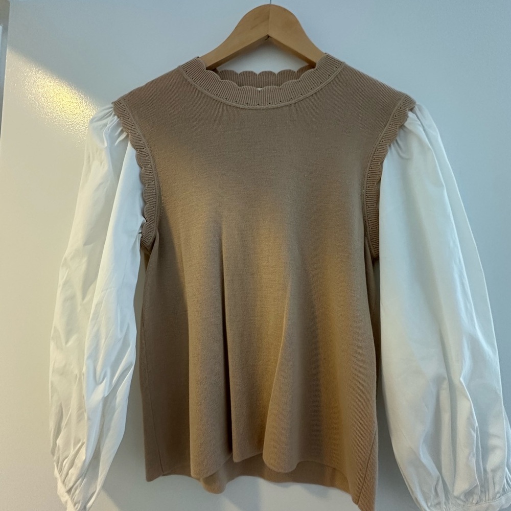 Veronica Beard Mixed Media Tan and White Blouse